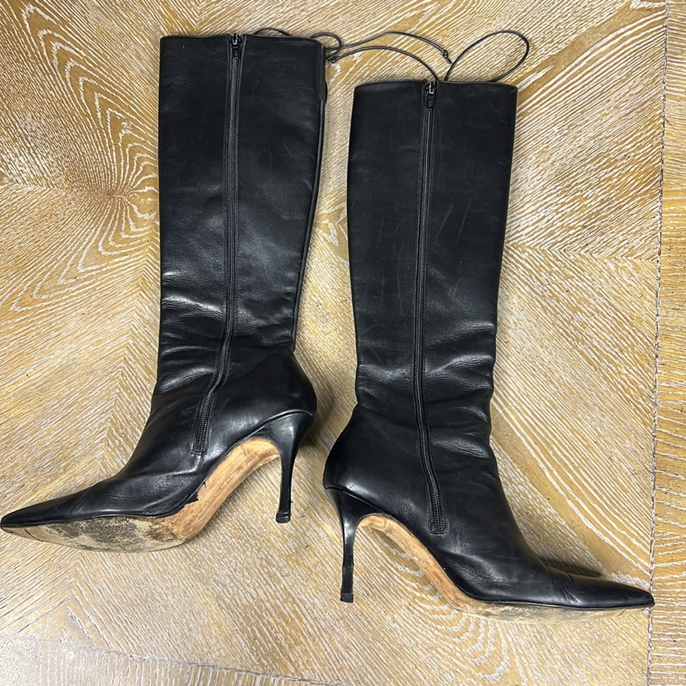 MANOLO BLAHNIK Black Leather Knee-High Stiletto Heel Boots 37 - Picture 2 of 8